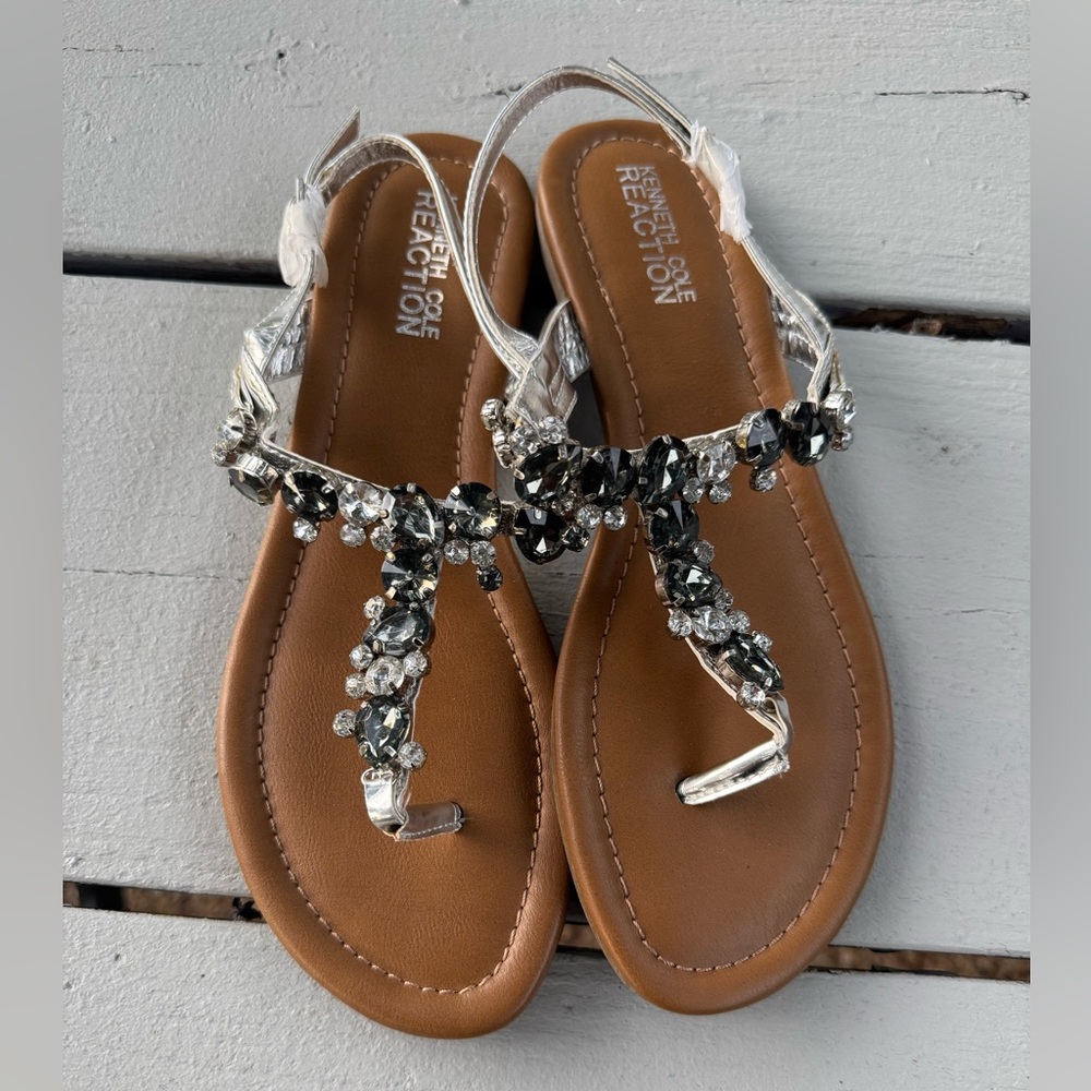 Kenneth Cole Reaction Women’s Drag Fire Sandals – Silver Crystal Thong Style S/8 - Picture 9 of 12